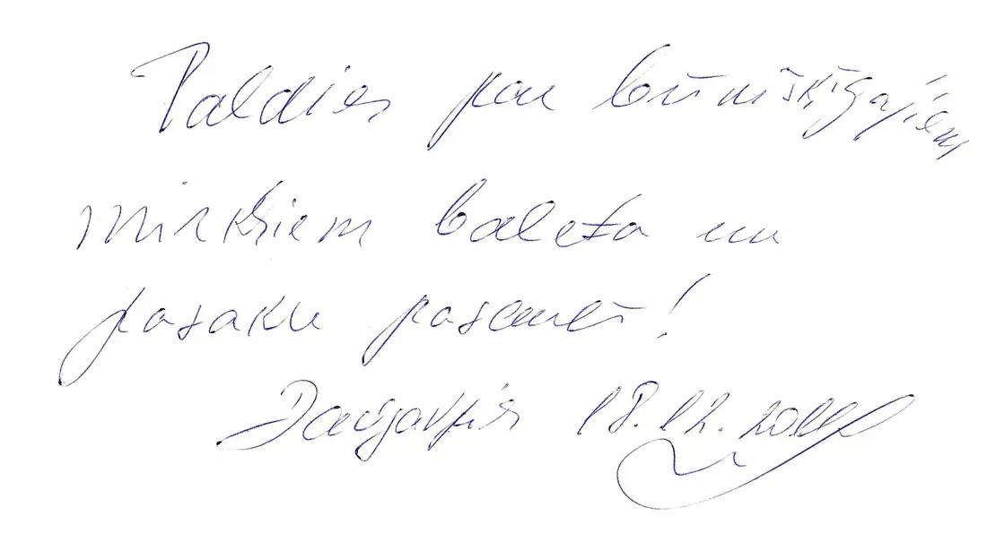Handwritten guestbook page (Latvian): “Thank you for the enchanting moments in the world of ballet and fairy tales!”
