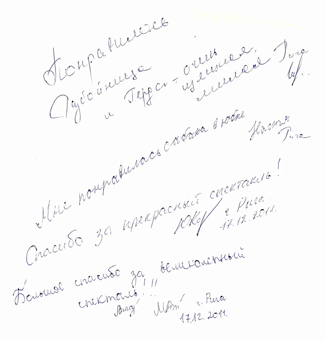 Handwritten guestbook page (Russian): “I liked the Robber Girl and Gerda: very clever and sweet.”